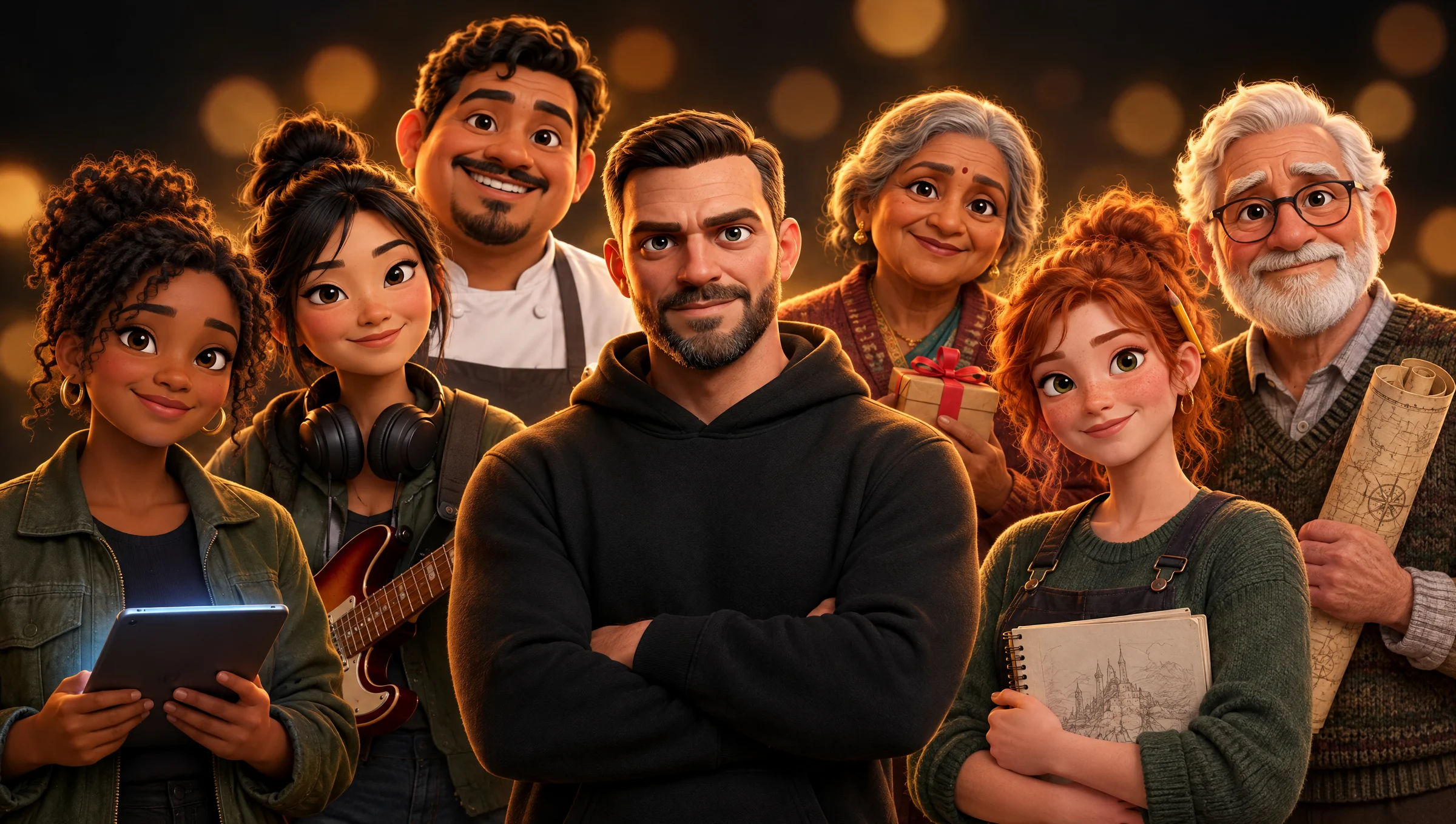 Pixar-style illustration of seven Mesaverse citizens gathered around James: a developer, a music producer, a chef, a volunteer grandmother, an animator and an elder holding a map